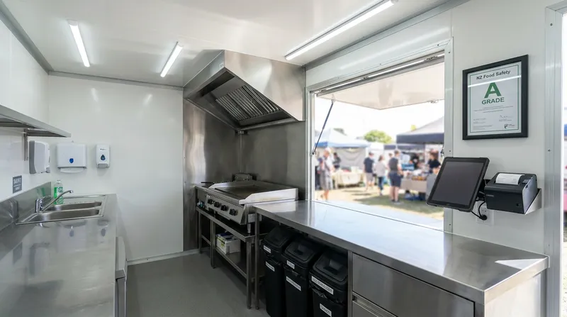 Food truck commercial kitchen layout in New Zealand with stainless steel prep counters and service window for council compliance.
