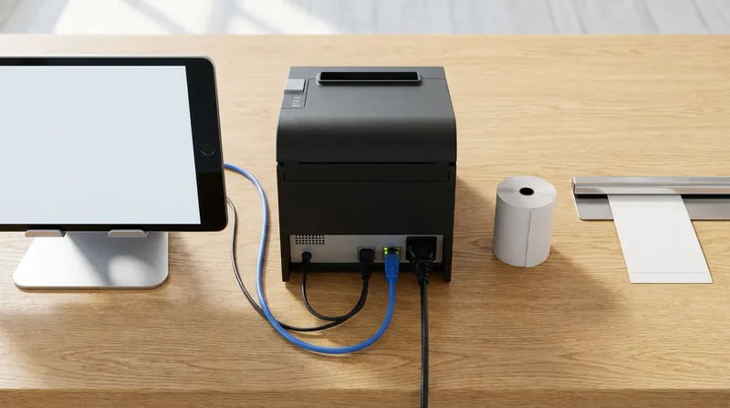 Matte-black thermal receipt printer with a connected Ethernet cable, POS tablet, and paper roll arranged on a wooden counter.