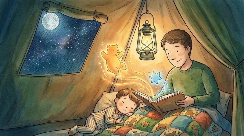A whimsical storybook illustration of a parent reading a comforting campfire story to a sleepy child inside a cozy camping tent illuminated by a warm lantern.