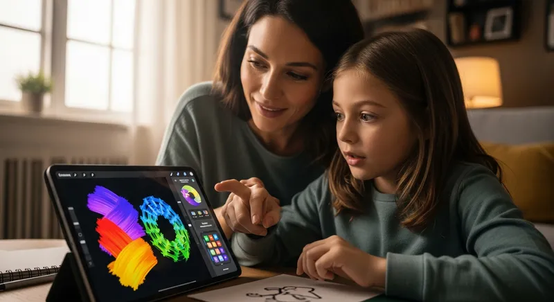 A parent experiencing guilt while a young child stares at a tablet, illustrating the stress of passive screen time.