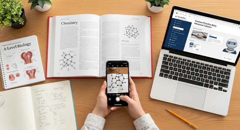 Overhead flat-lay of a modern A-Level study workspace featuring a smartphone scanning a chemical structure in a textbook, alongside biology diagrams and a laptop displaying an AI-powered maths revision quiz.
