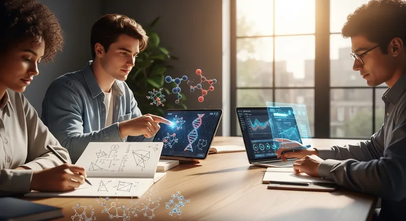 Three diverse A-level students collaborating on Biology, Chemistry, and Maths revision using AI-powered tools, including a 3D DNA model and interactive digital dashboards.