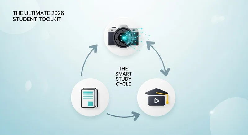 Infographic titled "The Ultimate 2026 Student Toolkit" illustrating "The Smart Study Cycle" with minimalist icons for an AI-powered camera lens, digital flashcards, and a video play button graduation cap.