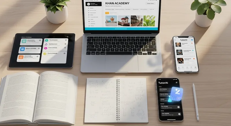 A high-end flat lay of a modern 2026 student workspace featuring a laptop displaying Khan Academy, a tablet with Quizlet flashcards, and a smartphone with the TutorAI app interface on a sunlit wooden desk.