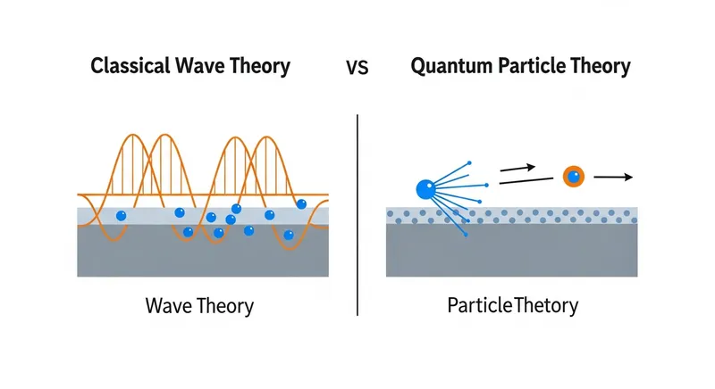 Diagram comparing wave theory vs. quantum theory for the photoelectric effect.