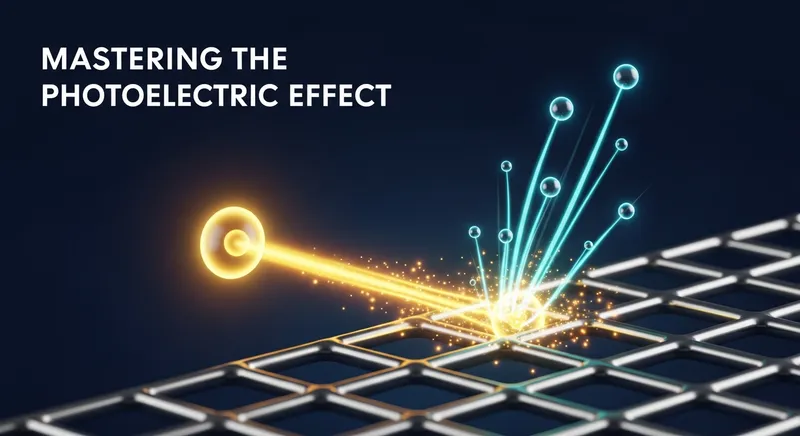 3D illustration of photons hitting metal and ejecting electrons.