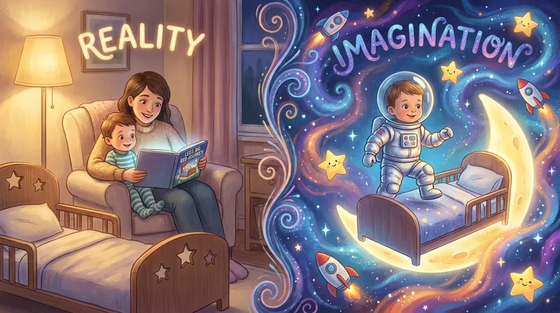 A split-screen illustration of a parent and toddler reading a story on a tablet, next to the toddler's imagination of themselves as an astronaut stepping onto a star-themed toddler bed in outer space.