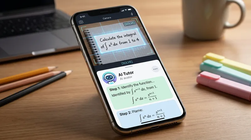 A smartphone on a study desk displaying an AI tutoring app that scans a handwritten math problem and provides a step-by-step explanation.