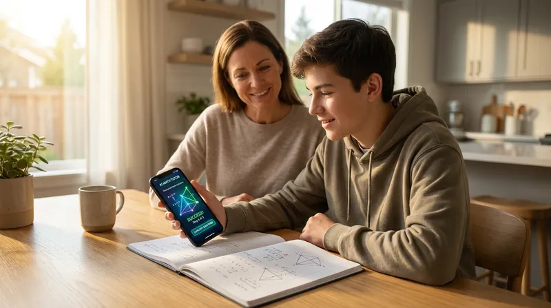 A relieved teenager and supportive parent at a kitchen table using an AI tutoring app on a smartphone to view step-by-step math explanations.