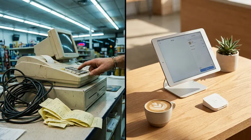 A sleek modern cloud POS iPad setup on a clean wooden counter in a bright New Zealand cafe.