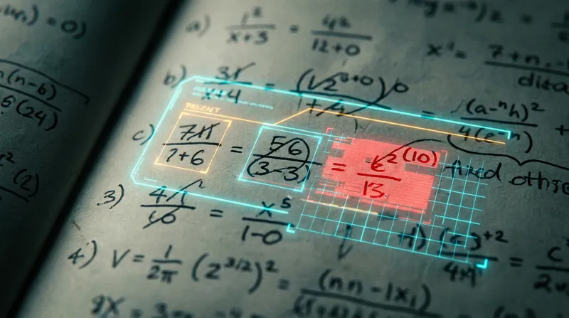 A close-up of handwritten math equations in a paper notebook with a glowing digital AI scanner overlay showing a red-highlighted error where it has misread the handwriting.