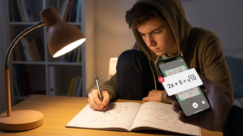 A frustrated teenage student at a desk using a smartphone math-scanner app to scan handwritten equations in a notebook, while the screen displays an incorrect formula with a red error highlight.