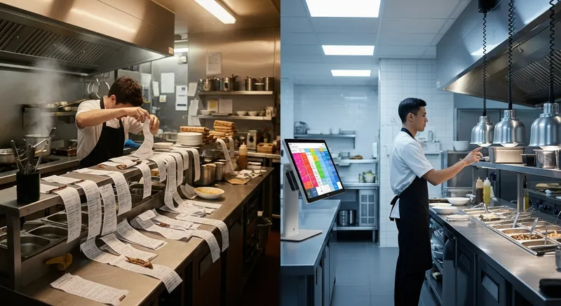 A split-screen comparison of a chaotic traditional New Zealand QSR kitchen with paper dockets versus a modern, streamlined 2026 kitchen using a digital Kitchen Display System (KDS).