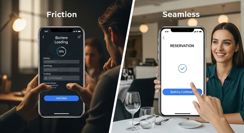A split-screen comparison of mobile booking experiences: the left side shows a frustrated customer struggling with a slow, cluttered interface labeled "Friction," while the right side shows a satisfied customer easily confirming a reservation on a modern, intuitive app labeled "Seamless."