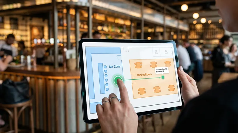 Close-up of a hand using an iPad POS system to transfer a guest tab from a bar stool to a dining table on a digital floor plan inside a modern bar-restaurant hybrid.