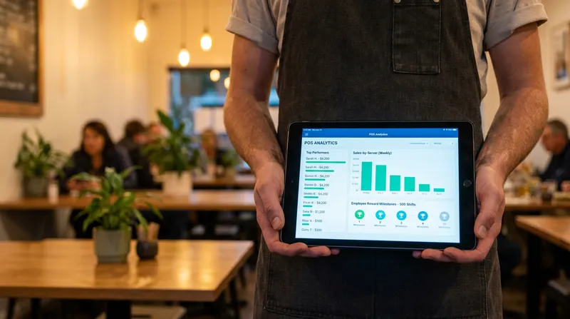 Restaurant manager reviewing staff performance metrics on a Lazygrid POS dashboard.