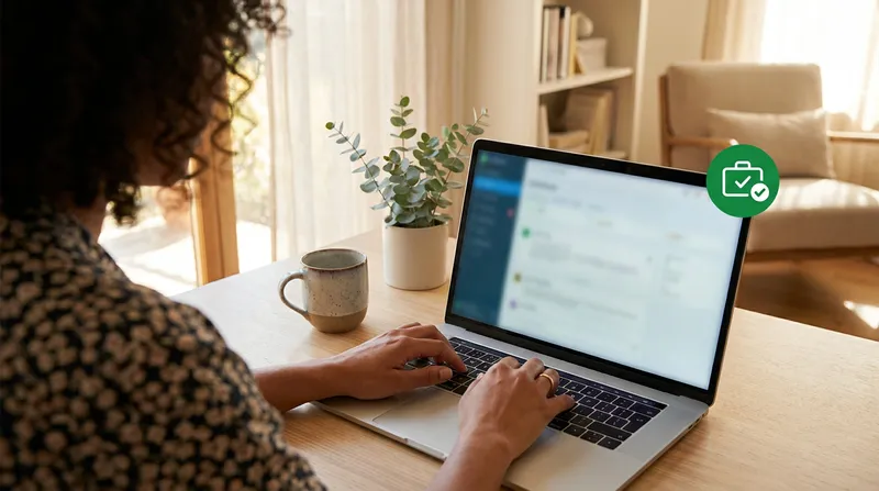 A person typing on a laptop in a bright home office, with a blurred LinkedIn-style profile and a green "Open to Work" badge visible on the screen.