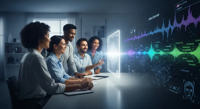 A dynamic split-screen image. On the left, diverse young professionals in a modern Australian setting engage with a screen, simulating a one-way AI video interview. On the right, a futuristic visualization of AI data analysis: dynamic soundwaves, evolving keyword clouds, and intricate network graphs processing interview responses. The overall aesthetic is high-tech, with deep blues, vibrant greens, and glowing whites, conveying 2026 digital innovation.