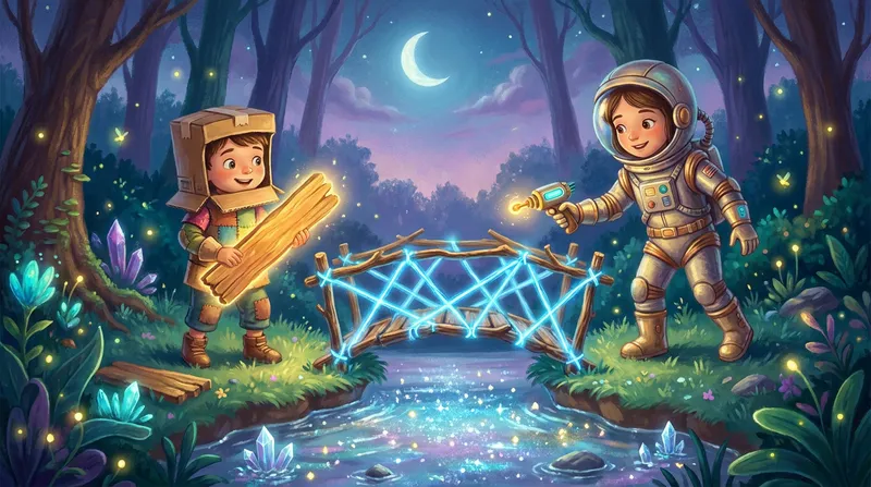 Whimsical bedtime storybook illustration of sibling co-heroes (a boy in knight armor and a girl in an astronaut suit) working together to build a bridge in an enchanted twilight forest.