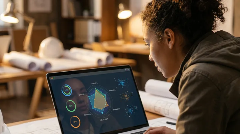 A female engineer reviews an AI mock interview feedback dashboard on her laptop, displaying technical, behavioural, and competency metrics in a softly lit studio.