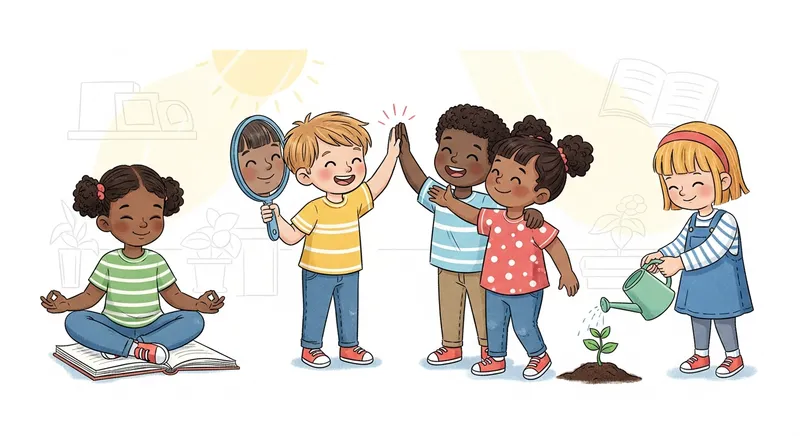 Whimsical illustration of five diverse preschool children demonstrating social-emotional learning through acts of kindness, empathy, meditation, and self-reflection in a bright, cheerful classroom.
