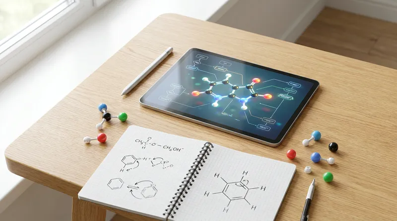 Tablet displaying a 3D molecular model and synthesis pathway on a modern desk beside handwritten organic chemistry notes.