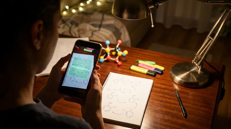 A student using a smartphone to scan hand-drawn organic chemistry reaction mechanisms in a notebook with an AI solver app.