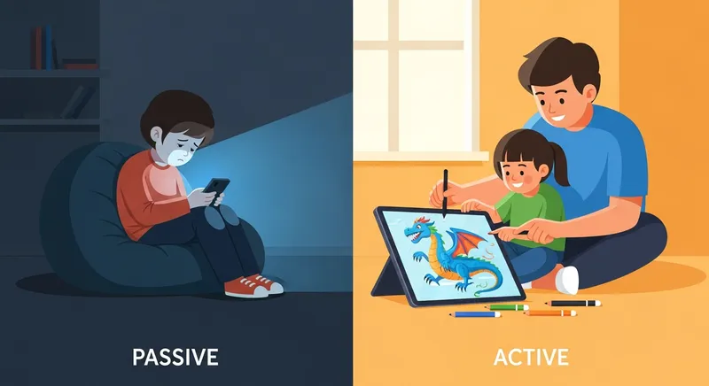 A split-screen vector illustration comparing PASSIVE screen time (a child alone in a dim room with a smartphone) and ACTIVE screen time (a child and parent joyfully collaborating on a digital drawing in a bright, sunlit room with Magic Purple accents).