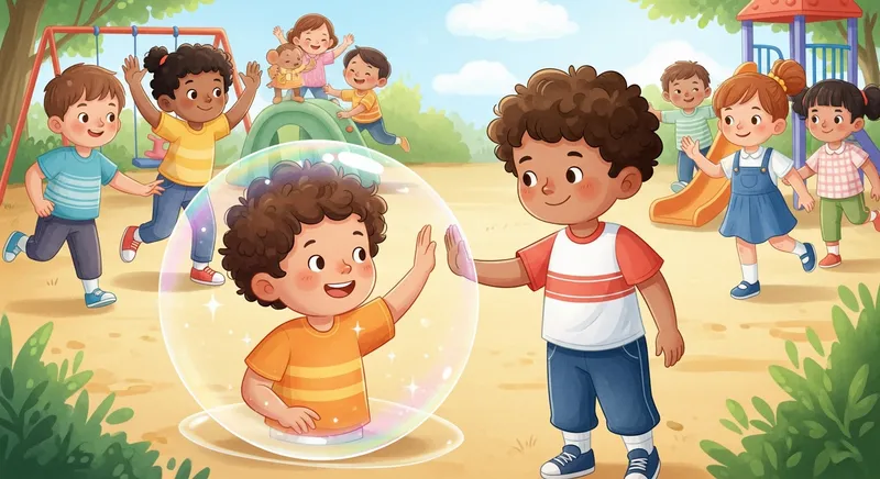 A whimsical watercolor illustration of a diverse group of children playing on a sunny playground, featuring one child inside a shimmering personal space bubble while another child waits respectfully outside to offer a high-five, demonstrating the concept of consent and boundaries.