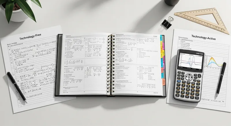 A minimalist flat lay of a VCE Maths Methods study workspace featuring an open reference book with color-coded tabs, a CAS graphing calculator, and practice exam papers on a clean white desk.