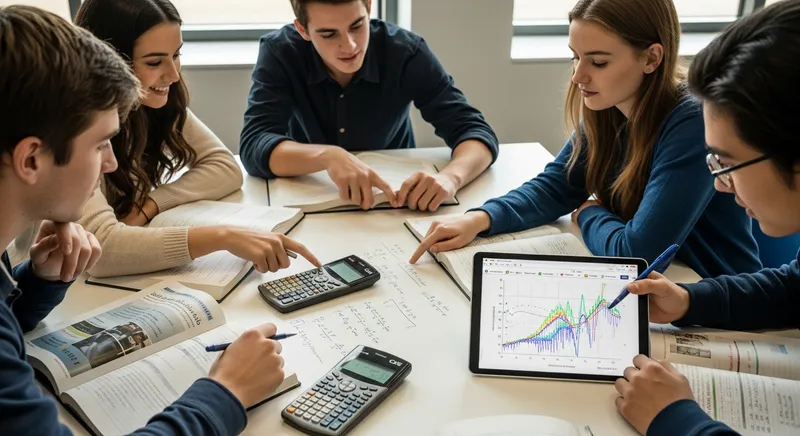 Diverse Year 12 students collaborating on VCE Maths Methods problems in a sunlit library with CAS calculators and textbooks.