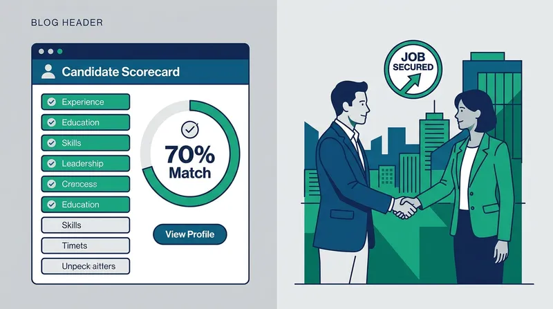 A split-screen illustration featuring a job application scorecard with a 70% match score on the left and two business professionals shaking hands on the right.