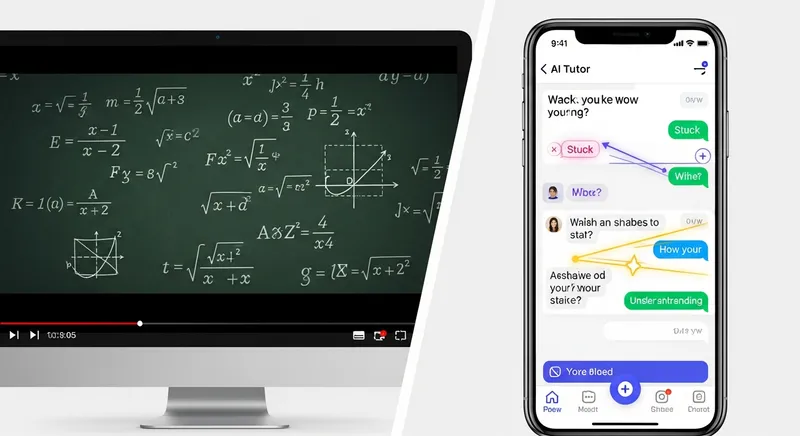 A split-screen comparison of SAT math prep methods: a static video lesson versus an interactive AI tutor chat on a smartphone.