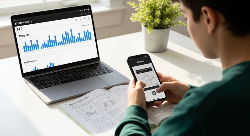 A focused high school student using an AI tutor app to solve an SAT geometry problem, with a laptop showing the Khan Academy dashboard on a modern desk.