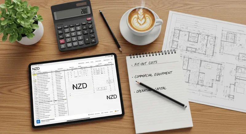 A professional flat-lay of a wooden desk featuring a tablet with a 2027 NZD budget spreadsheet, architectural blueprints, and a notepad detailing New Zealand cafe startup costs alongside a flat white coffee.