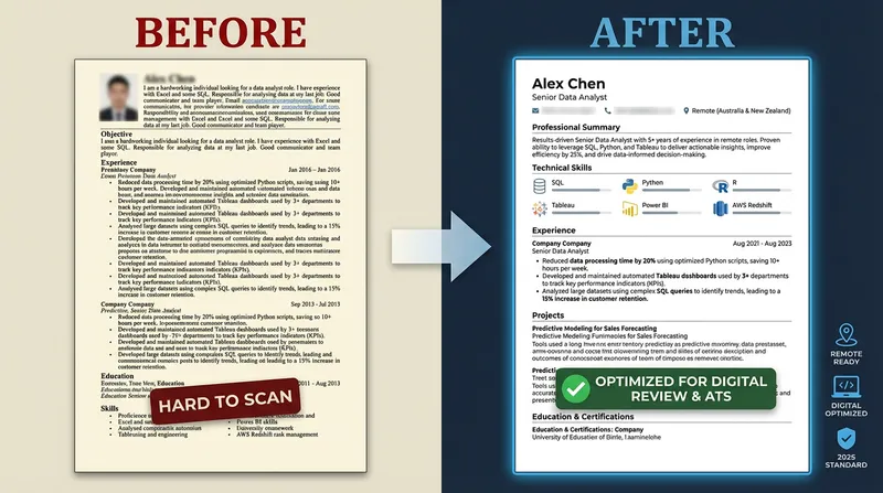 An infographic contrasting a complex, multi-column 'Canva Resume' being poorly parsed by an ATS scanner, resulting in garbled text, against a minimalist, single-column 'ATS-Optimized Resume' being perfectly parsed, yielding structured data. The image highlights the importance of ATS-friendly design.