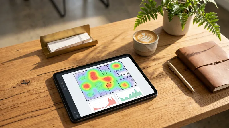 Tablet displaying restaurant table turnover analytics on a wooden manager's desk alongside a flat white coffee and logbook.