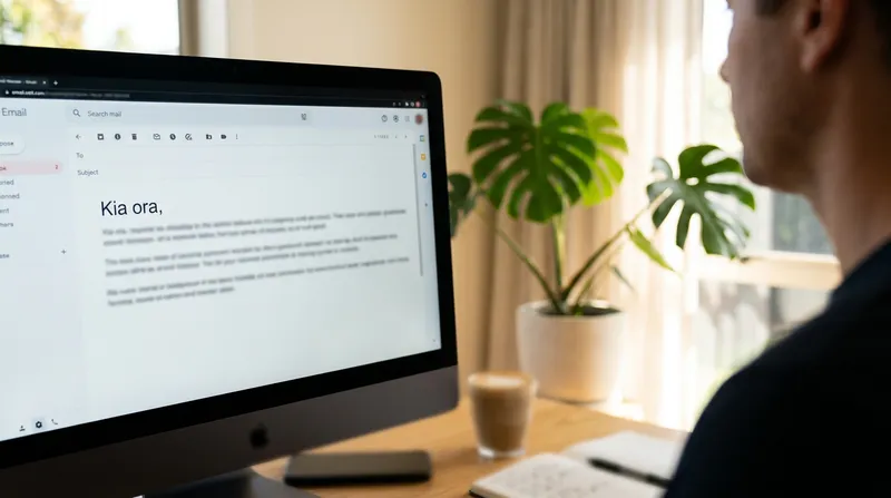 An over-the-shoulder view of a computer screen displaying a thank-you email draft starting with "Kia ora," set in a bright, modern New Zealand home office with a blurred potted plant in the background.