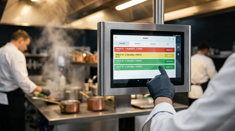 A close-up of a digital Kitchen Display System screen showing color-coded orders in a busy commercial kitchen.