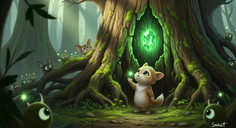 Whimsical storybook illustration of Snaut, a small forest creature, reaching toward a glowing emerald gem nestled within the hollow of a towering ancient tree in an enchanted, mossy forest.