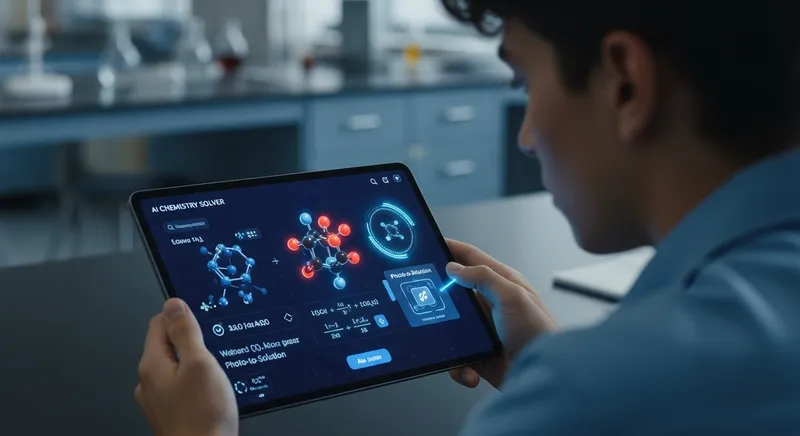 A high school student uses a sleek tablet with an AI chemistry solver to display 3D molecular models and step-by-step solutions via a photo-to-solution scanning feature in a modern science laboratory.