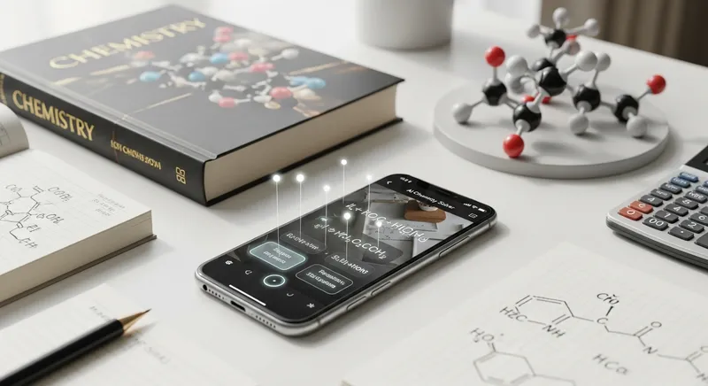 A professional flat lay of a smartphone displaying an AI chemistry solver app with step-by-step digital solutions for an organic chemistry equation, surrounded by a textbook, molecular model kit, and scientific calculator on a minimalist white desk.