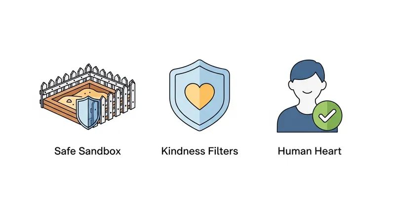 Infographic showing three pillars of AI safety for kids: a 