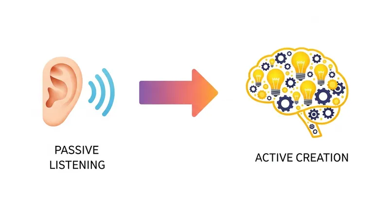 A minimalist vector infographic illustrating the progression from passive listening to active creation in interactive storytelling, featuring a blue ear icon on the left and a glowing brain icon with lightbulbs and gears on the right, connected by a bold gradient arrow.