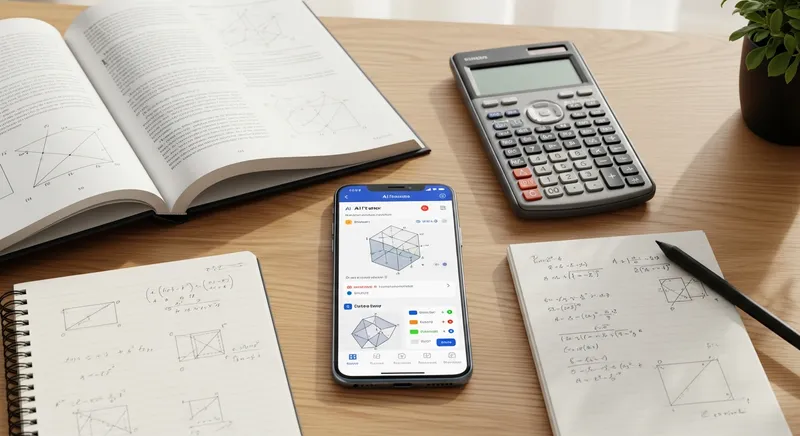 A professional flat-lay of a 2026 student workspace featuring a smartphone displaying an AI math tutor interface, a graphing calculator, and a textbook on a light oak desk.