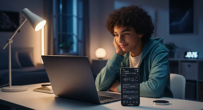 A diverse teenage student looking relieved and confident at a modern desk at night, using a laptop and a math application on a smartphone that displays a solved complex equation with step-by-step annotations.