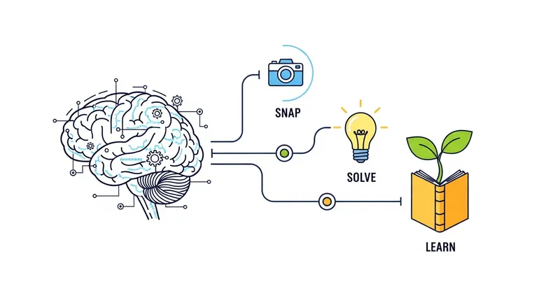 A modern 2D vector infographic of a digital brain representing an AI tutor, featuring three connected nodes: a camera icon for "Snap," a lightbulb for "Solve," and a sprout emerging from a book for "Learn."