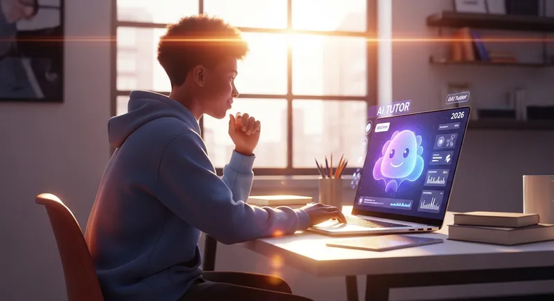 A stylized 3D illustration of a confident teenage student using a futuristic AI tutor interface on a laptop in a sunlit, modern workspace.