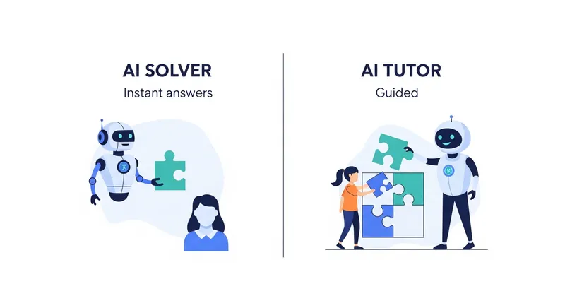 A minimalist infographic comparing an "AI Solver" to an "AI Tutor." The left side shows a robot handing a completed puzzle piece to a user, representing instant answers. The right side shows a friendly robot guiding a student as they place a puzzle piece themselves, symbolizing guided learning and growth.