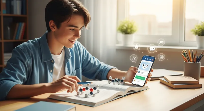 A focused high school student at a sun-drenched desk using an AI tutor app on a smartphone alongside a science textbook to study molecular structures.